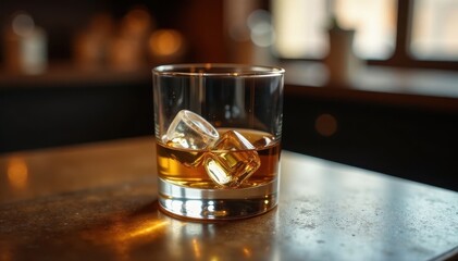 Smooth whiskey glass on a wooden table with a few ice cubes, dark, table