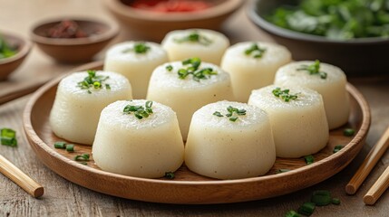 Eight steamed rice cakes on wooden plate, garnished with chives.