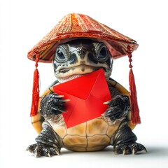 Naklejka premium Lively baby turtle celebrating chinese new year holding red envelope festive atmosphere playful vantage tradition and joy