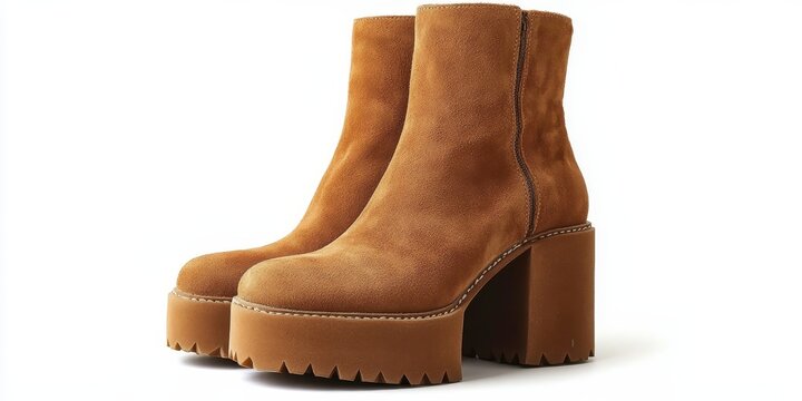 Stylish tan suede high heeled platform booties offer a chic appearance and an elevated look. These fashionable tan suede booties feature a practical yet trendy heel.