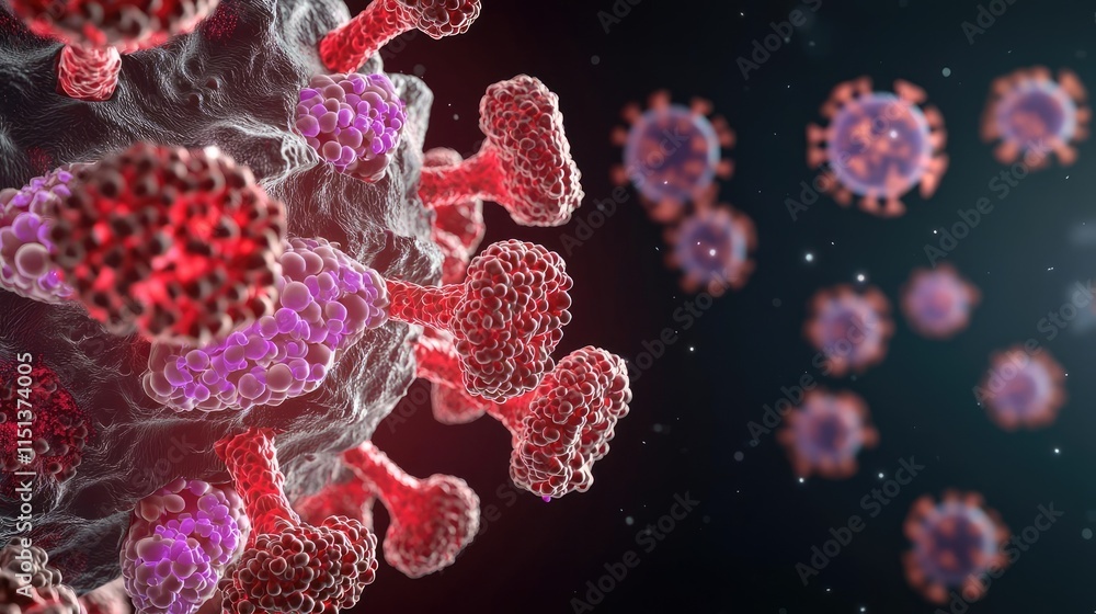 Poster Kidney disease idea. Microscopic view of viruses highlighting their intricate structure and features.