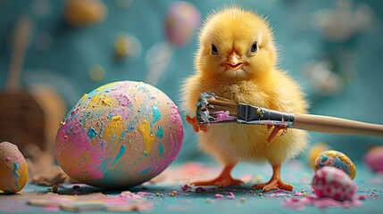 A small yellow chick standing proudly in front of a giant Easter egg, holding a large paintbrush in its wing. The Easter egg is adorned with vibrant splashes of pink, green, and blue paint.