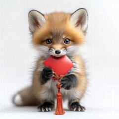 Obraz premium Tiny fox cub holding a red envelope celebrating chinese new year in a forest cute animal photography
