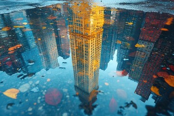 cities reflecting in puddles after rain, capturing a kaleidoscope of colors and shapes as the buildings shimmer in the water. the scene conveys urban beauty with a moody, atmospheric quality