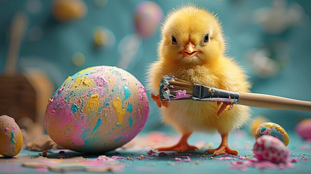 A small yellow chick standing proudly in front of a giant Easter egg, holding a large paintbrush in its wing. The Easter egg is adorned with vibrant splashes of pink, green, and blue paint.