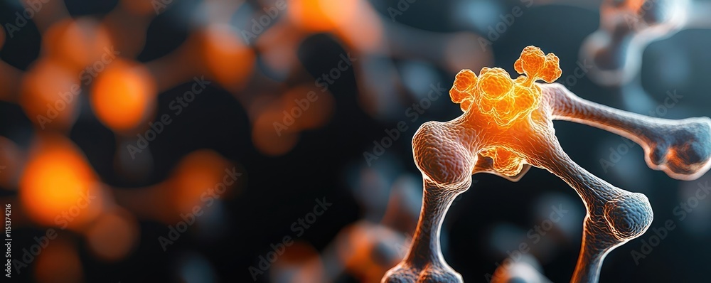 Poster arthritis disease idea. close-up view of vibrant molecular structures with an orange glow against a 