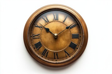 classic wall clock isolated on a plain white background, capturing its design and functionality, emphasizing timekeeping and elegance in an everyday object