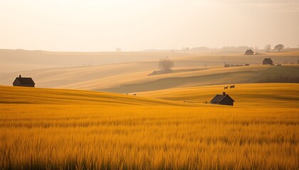 Obraz premium a field of wheat with a house in the background