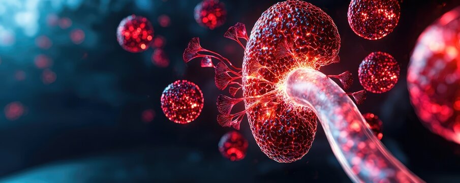 Kidney disease idea. A vivid illustration of kidney function with cells and blood flow in a surreal style.