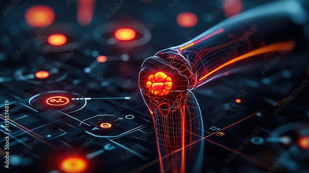 Poster Arthritis disease idea. Futuristic digital device with glowing circuits and intricate patterns.