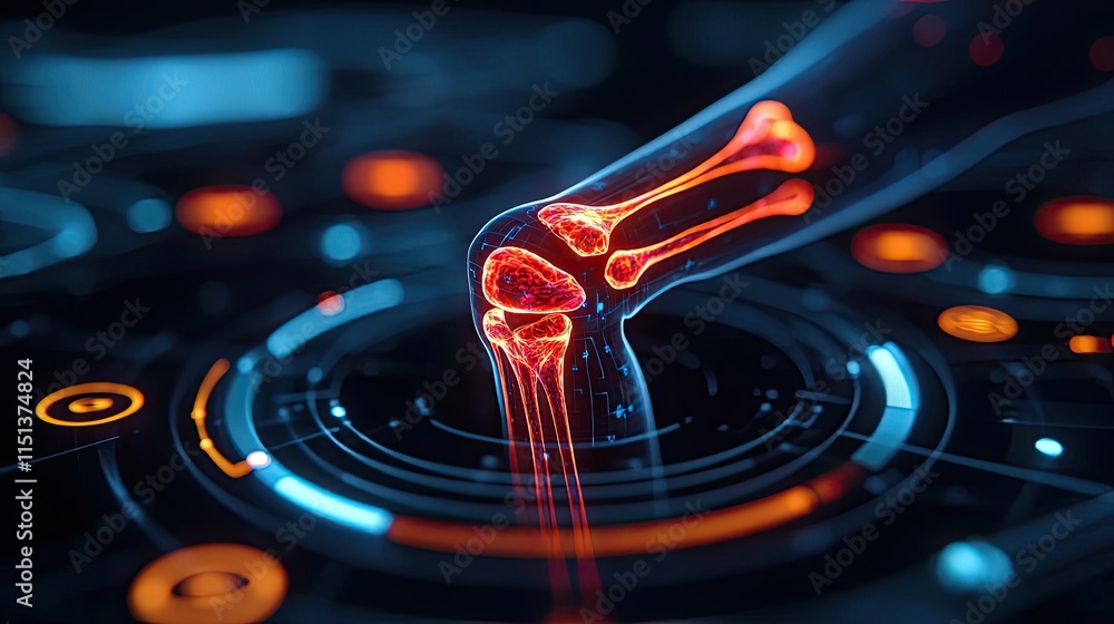 Poster arthritis disease idea. futuristic visualization of a human knee joint with glowing elements and dig