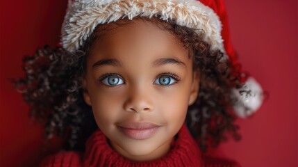 An African American girl wearing a Santa hat on a red background.