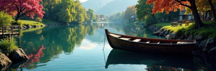 Obraz premium Vintage wooden boat moored in tranquil harbor, reflected in still waters surrounded by majestic trees and colorful blooms, harbor, bloom