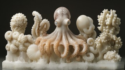 Detailed carving of an octopus and coral reef, meticulously sculpted from ivory-colored material, showcasing intricate details of the marine life.