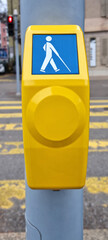A pedestrian button with tactile markings designed for visually impaired individuals, mounted on a...