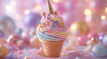 A magical dessert display featuring a unicorn-themed ice cream cone, pastel rainbow swirls adorned with edible glitter and candy stars, topped with a shimmering unicorn horn,