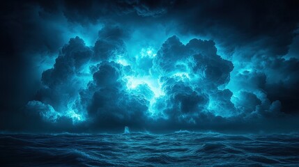 Fototapeta premium Dark stormy ocean, glowing blue clouds.