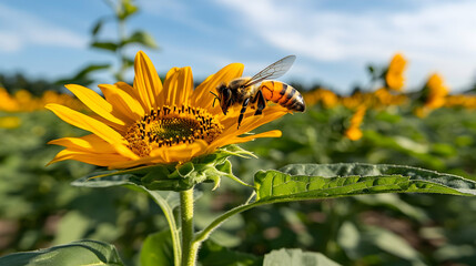 Bee pollinating sunflower in sunny field, agriculture background, nature imagery.