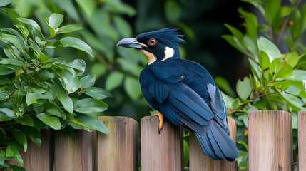 Black-and-white-crowned Woodpecker perched on wooden fence, lush green foliage background, nature wildlife photography.