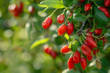 Obraz premium Fresh goji berries hanging on a branch, ready to be harvested, promoting healthy eating and natural remedies