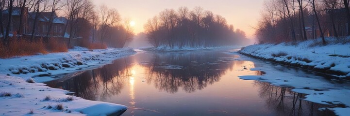 Fototapeta premium Snowflakes gently falling onto the frozen surface of a canal at Nizhny Novgorod, frosty, nizhny novgorod