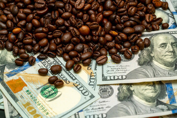 Money and coffee beans create a unique contrast on the table