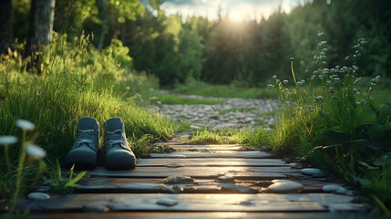 Fototapeta premium Child's boots on forest path, sunset background, nature walk, travel adventure.