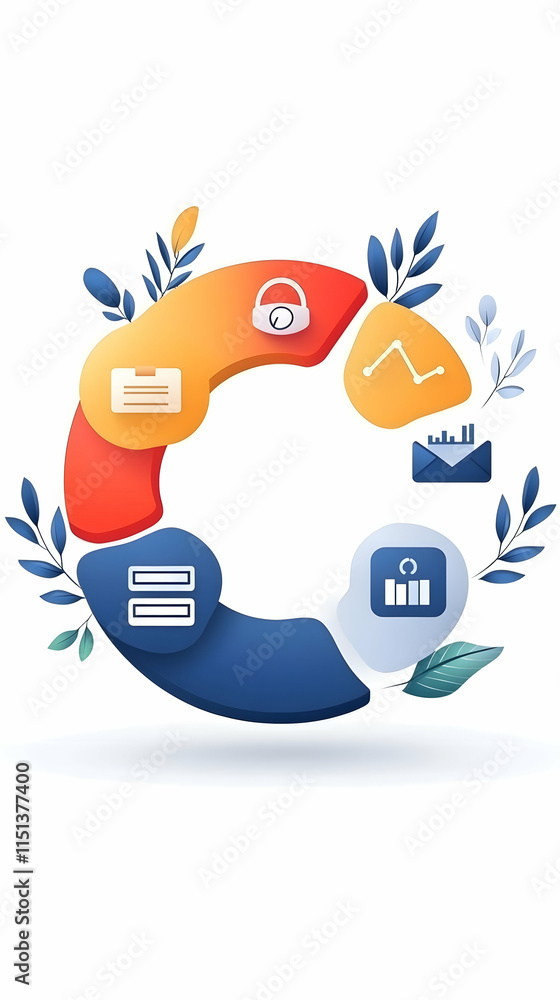 Poster circular process infographic showing data security, workflow, analytics, and communication, surround