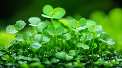 A close-up of vibrant green seedlings with droplets of water, showcasing growth and nature.