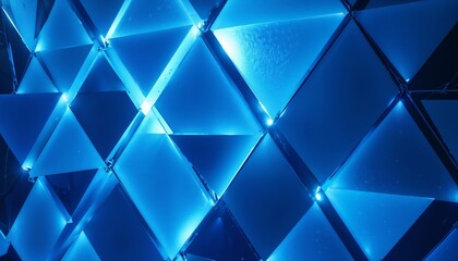 Geometric illuminated blue triangular pattern with glass elements and copy space
