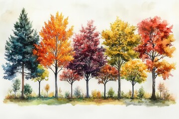 Fototapeta premium collection of hand-painted watercolor trees showcasing various species in a harmonious forest setting. each tree is distinct, celebrating the beauty of nature's diversity and artistry