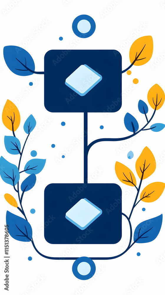 Aufkleber connected data blocks with leaves, nature background, workflow diagram.