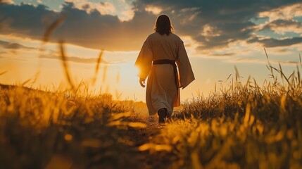Fototapeta premium back view of Jesus walking in desolated grass field with sunset light 
