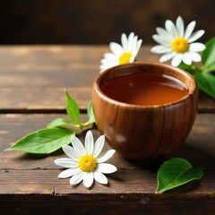 Soothing tea in a rustic wooden cup on a worn wooden table, chamomile, nature