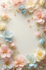 Obraz premium Sensual floral frame with a blank center for text, ideal for Valentine's cards or promotions. A gentle arrangement of various flowers creates an elegant border, evoking feelings of love and tenderness