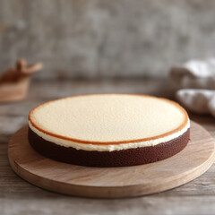 No-Bake Cheesecake: A close-up shot of a smooth, creamy cheesecake, resting on a rustic wooden board, capturing the essence of deliciousness and simplicity.  