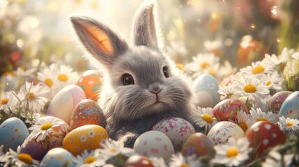 Adorable Bunny Nestled Among Easter Eggs and Daisies