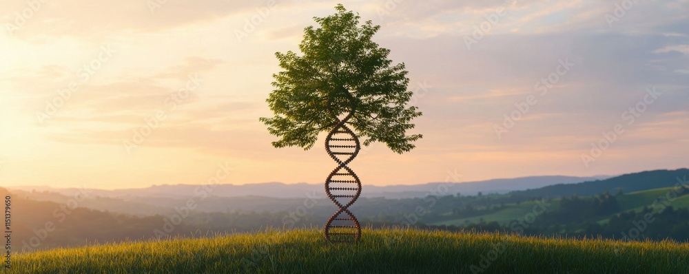 Poster a tree with a dna double helix structure stands on a hill at sunset, symbolizing the connection betw