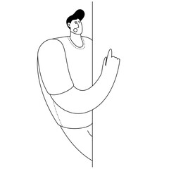 Man pointing his finger at something important. Vector illustration to attract attention. Cartoon outline style. Design element
