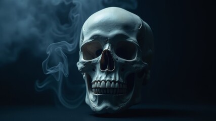 Human skull in smoke in dark blue room