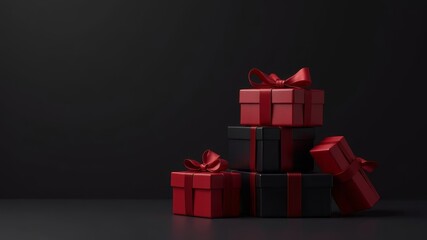 pile of black and red gifts on dark background
