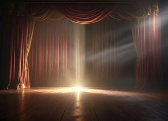 Theaters curtains partially open to reveal a bright beam of light shining onto the darkened stage , theater curtains open, stage lights, entrance