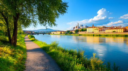 Obraz premium Florence River Walk Sunrise Scenic path, Ponte Vecchio, Duomo skyline, summer tourism.