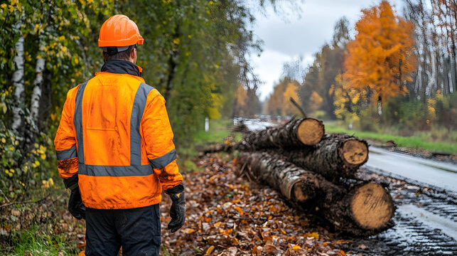 Forester inspecting roadside logs, autumn forest, blurred traffic, safety.
