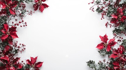 Elegant Christmas Frame with Red Poinsettias, Berries, and Green Leaves for Festive Decorations and Seasonal Artworks