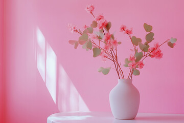 Vase with pink flowers, minimalist home decoration with pink background. AI Generated