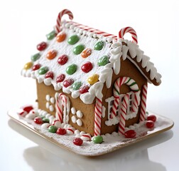 New year festive celebrate concept. A festive gingerbread house decorated with colorful candies and icing, perfect for holiday celebrations.