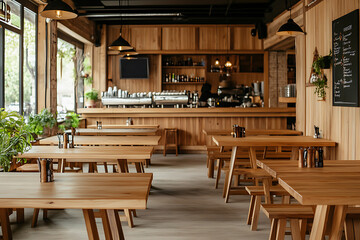 Rustic Cafe Interior Design with Wooden Tables