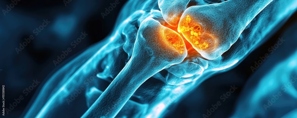 Poster Arthritis disease idea. Detailed image of a knee joint highlighting its structure and function.