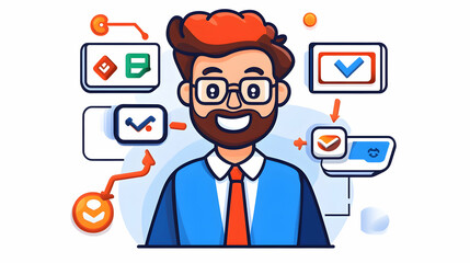 Happy businessman managing project workflow, digital tasks, checklist background, for website landing page.